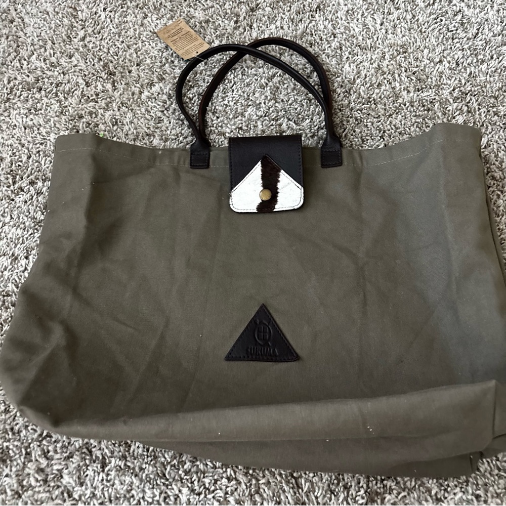 Olive Green Canvas Tote with Dark Leather Trim Sakuma Afrika